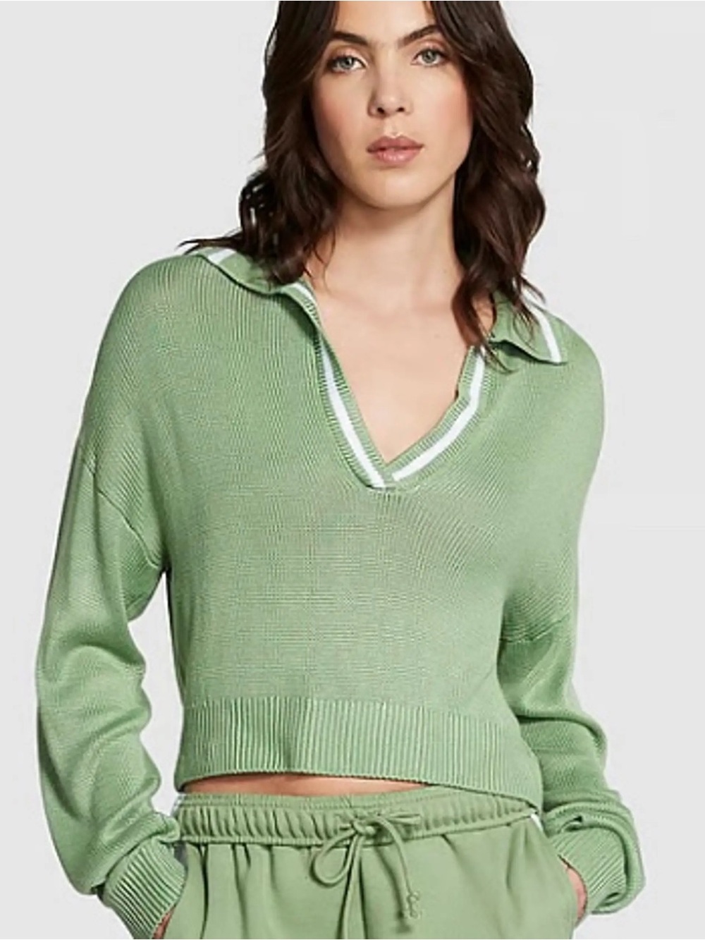 NWT VS PINK Cambridge Knit Green V Neck Polo Sweater XS